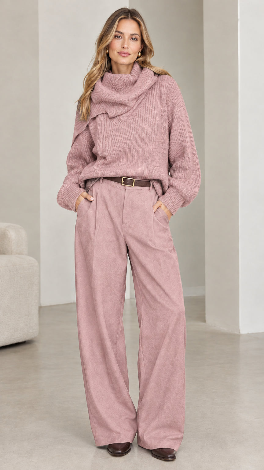 Front view of model wearing dusty pink ribbed knit cowl neck sweater with matching pink trousers