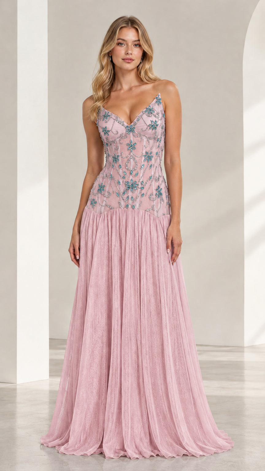 Dusty pink beaded bodice tulle floor length evening dress