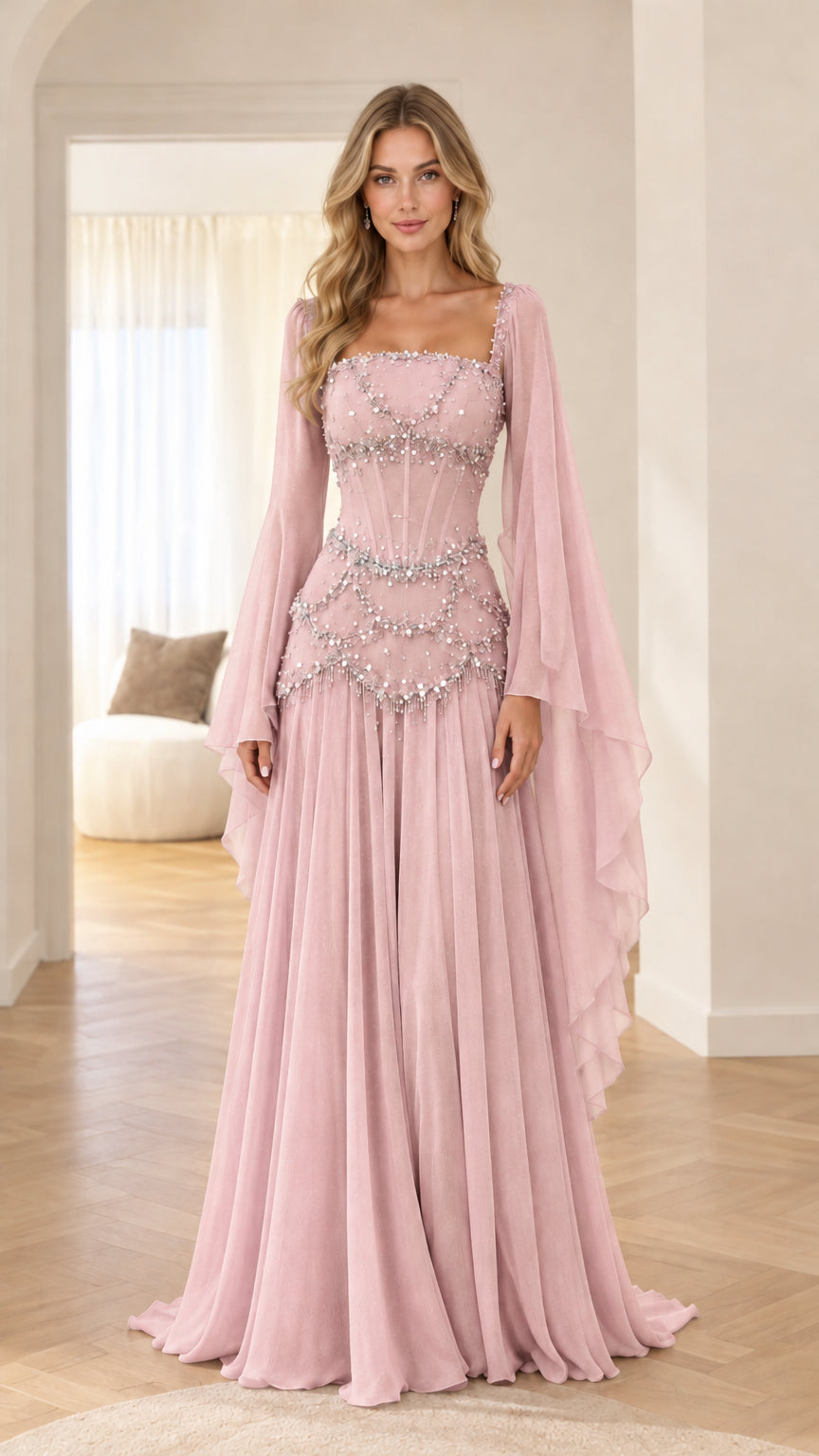 Front view of model wearing dusty pink beaded corset evening dress with draped wing sleeves