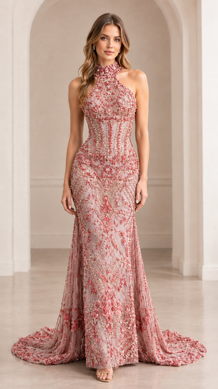 Front view of dusty rose pink embellished halter mermaid evening gown