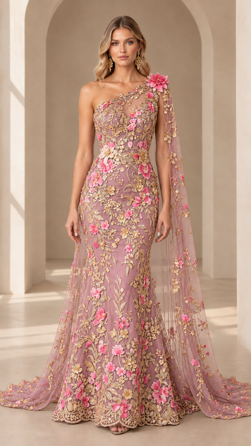 Full-length front view of dusty pink one-shoulder mermaid gown with pastel floral embroidery and cape