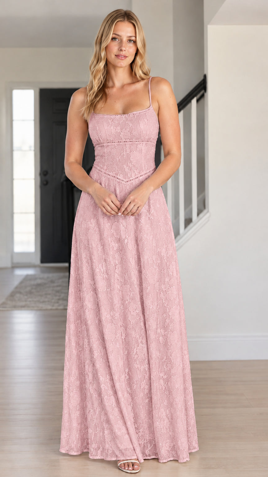 Front view of woman wearing dusty pink floral lace spaghetti strap maxi dress