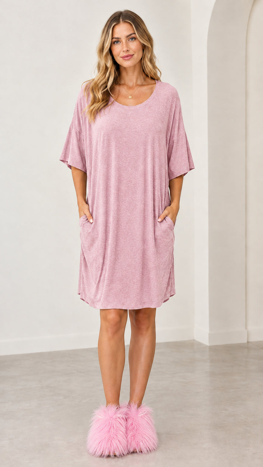 Full front view of the dusty pink short sleeve t-shirt lounge dress with pockets