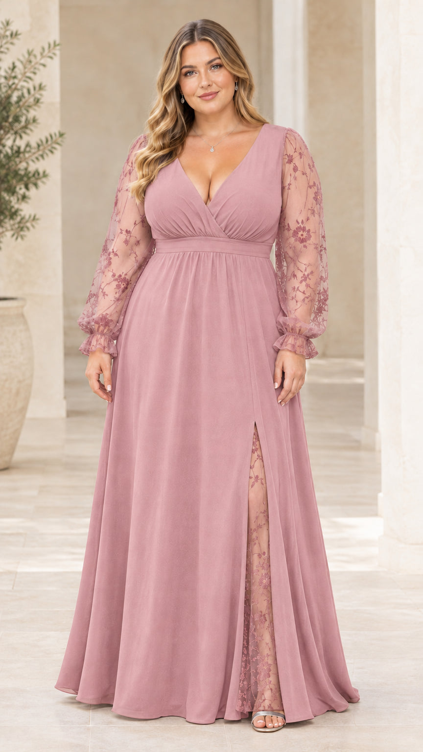 Front view of model wearing dusty rose pink formal gown with sheer lace sleeves