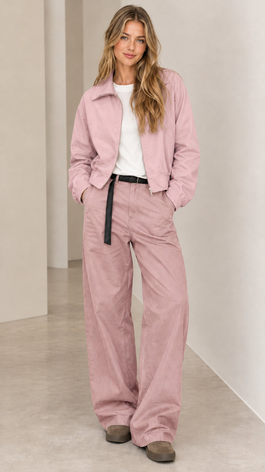 Front full view of woman wearing dusty pink zip-front bomber jacket and wide-leg pants set