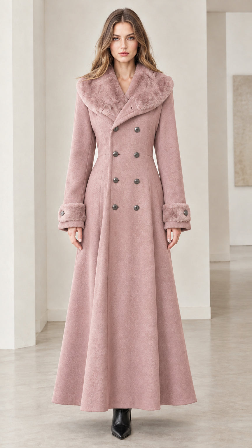 Full-length front view of women's dusty pink double-breasted maxi coat with matching faux-fur trim