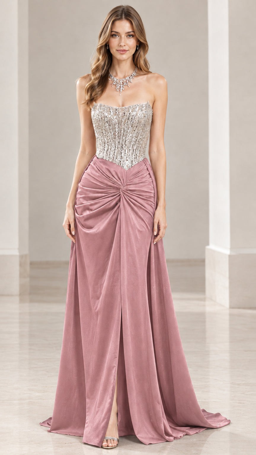 Dusty pink strapless formal gown with silver beaded bodice and draped maxi skirt