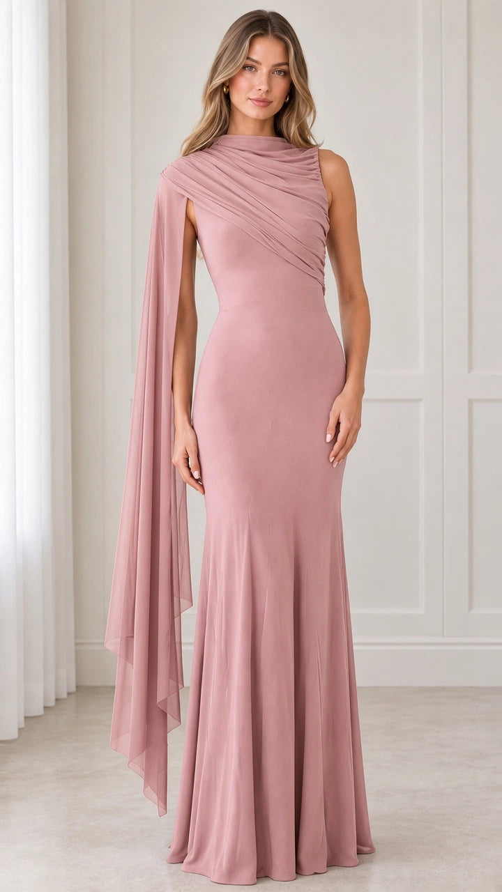 Front view of dusty rose pink draped cape maxi dress for formal occasions