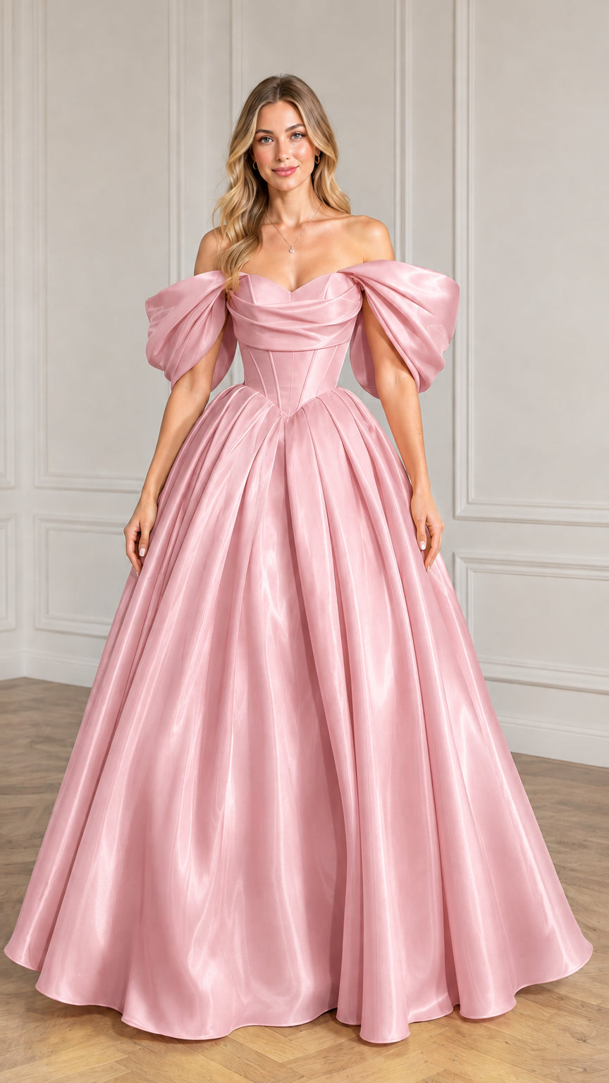 Front view of the pink off-the-shoulder corset ball gown maxi evening dress