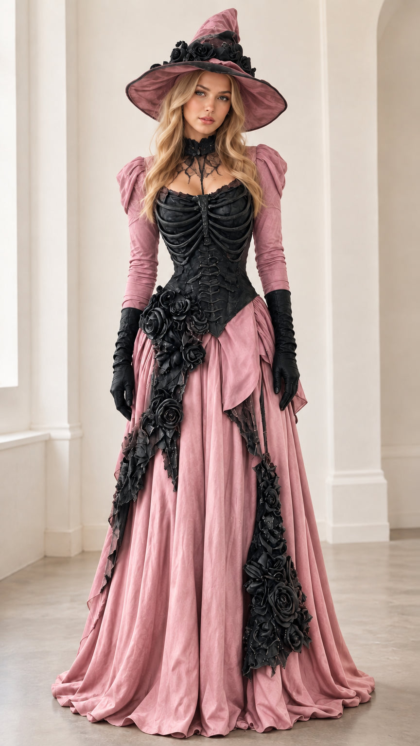 Front view of gothic witch maxi gown in dusty pink with contrasting black corset bodice and matching pink hat