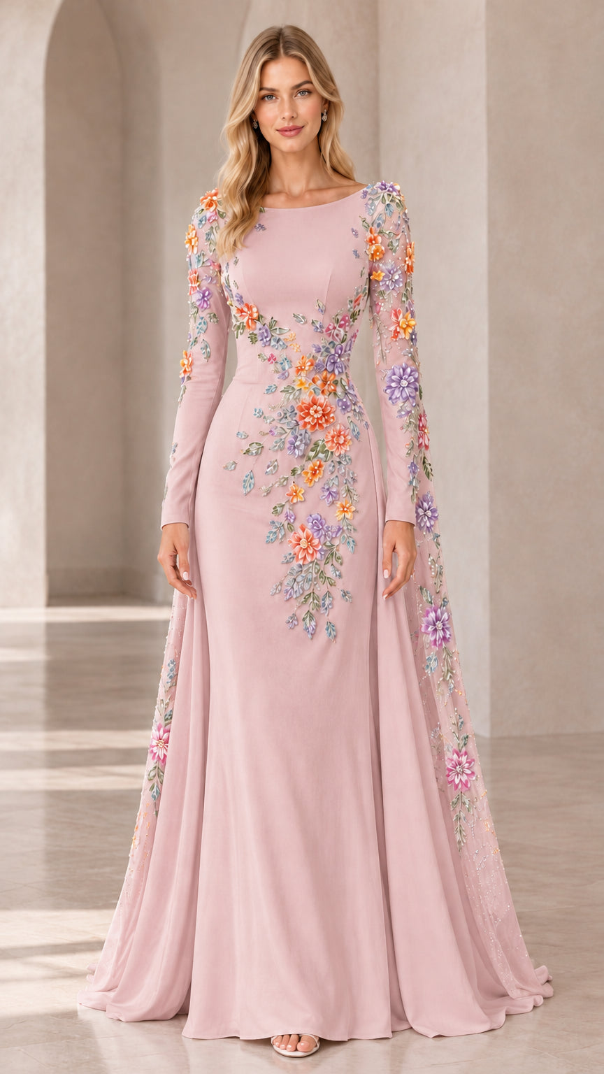 Full front view of dusty pink evening gown with floral appliqué detailing and cape sleeve