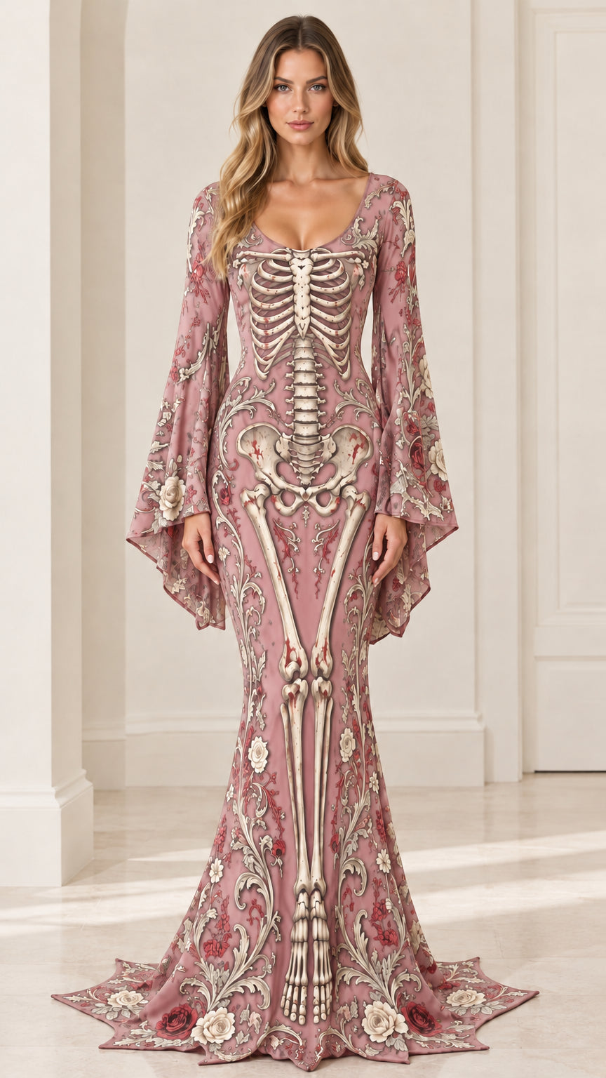 Dusty pink gothic skeleton floral print mermaid maxi dress