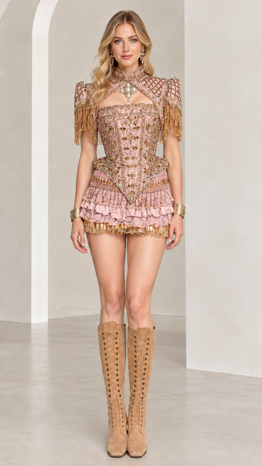 Model wearing blush pink ornate beaded corset mini dress with fringe shoulders