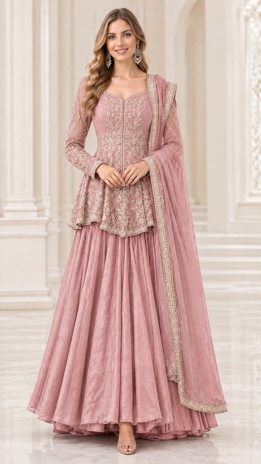 Model wearing dusty pink embroidered peplum top and maxi skirt set with dupatta