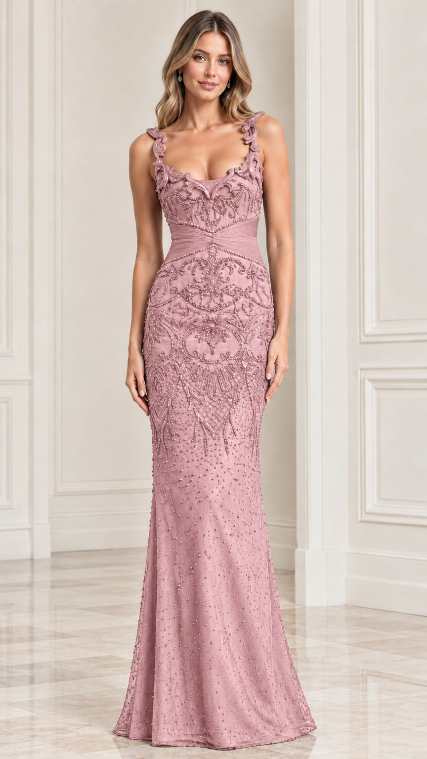 Dusty rose embellished sweetheart mermaid evening gown