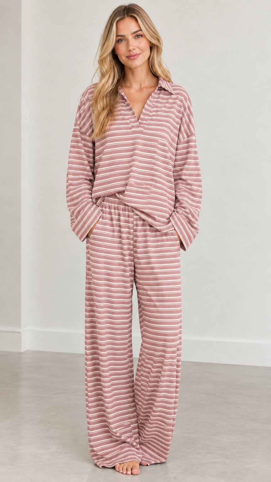 Front view of dusty pink and white striped two-piece loungewear set