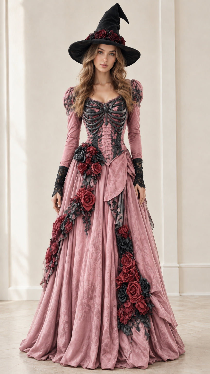 Dusty pink and black gothic skeleton witch ball gown with matching pointed hat