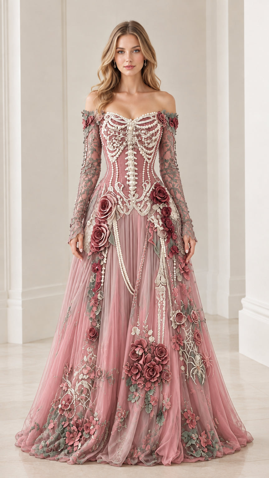 Dusty pink romantic corset ball gown with pearl beading and floral appliqués