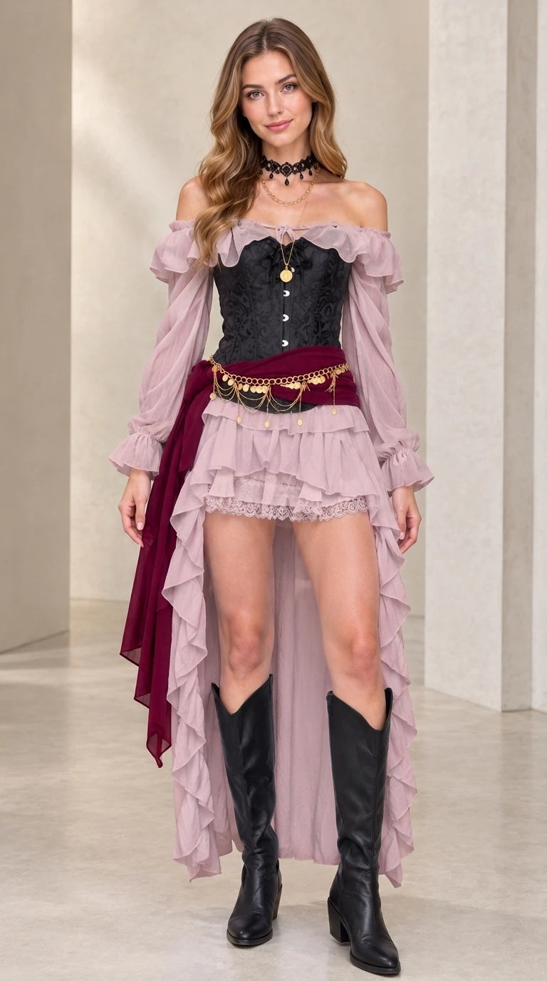 Front view of women's dusty pink Renaissance off-shoulder corset dress with burgundy waist sash