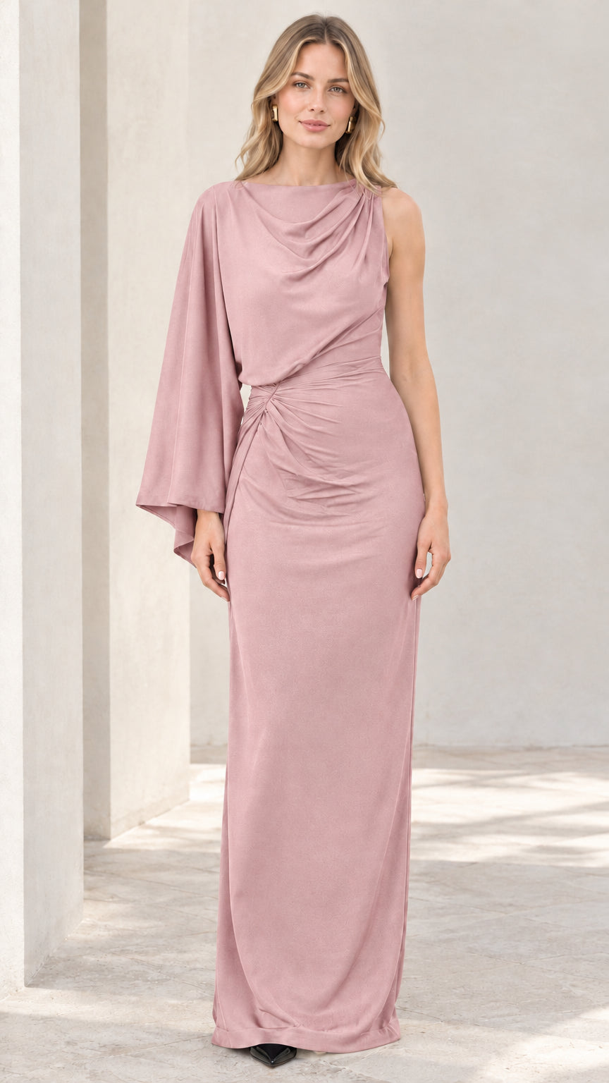 Dusty pink one-shoulder cape sleeve ruched maxi evening dress