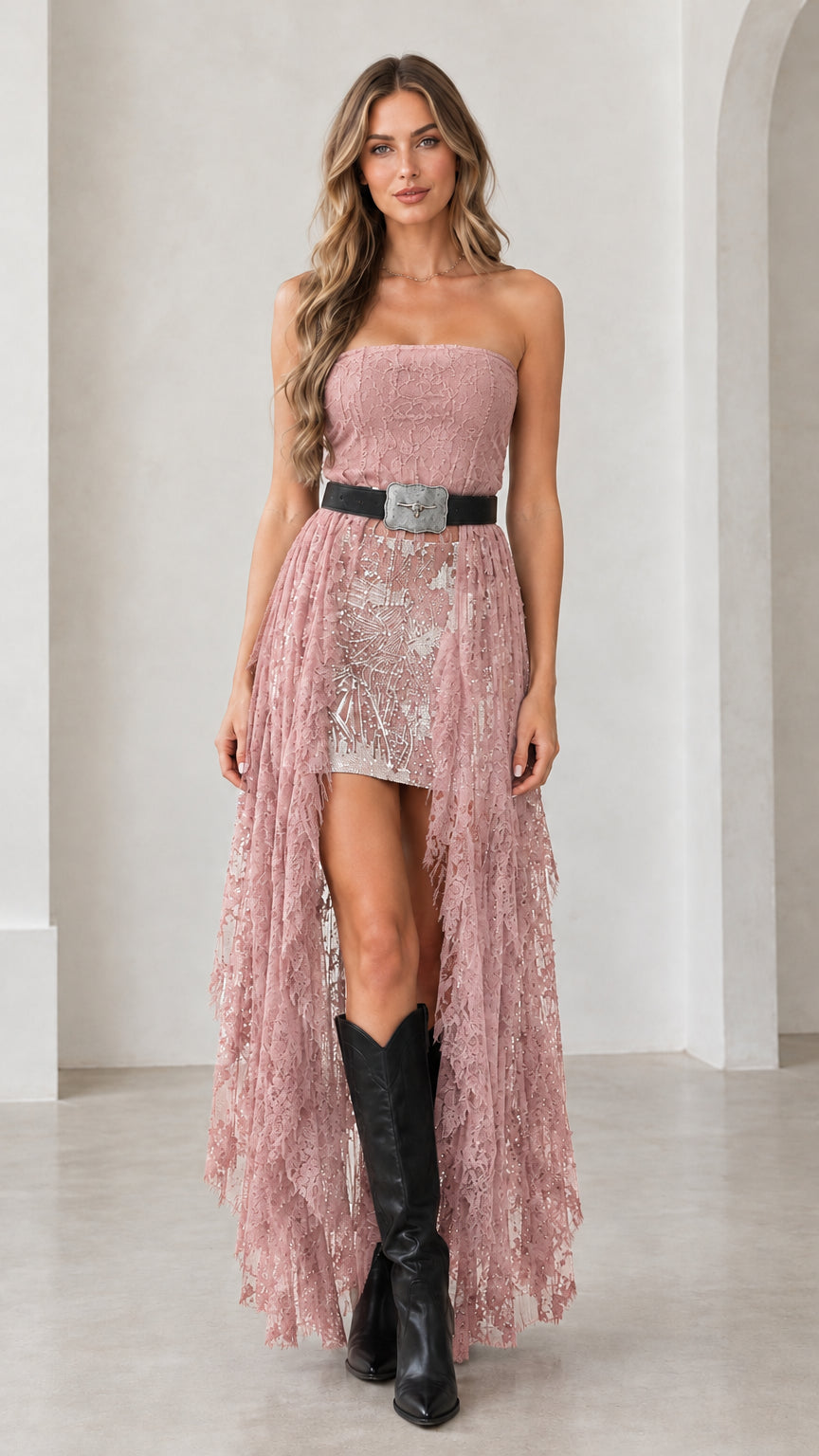 Model wearing dusty pink strapless high-low lace maxi dress