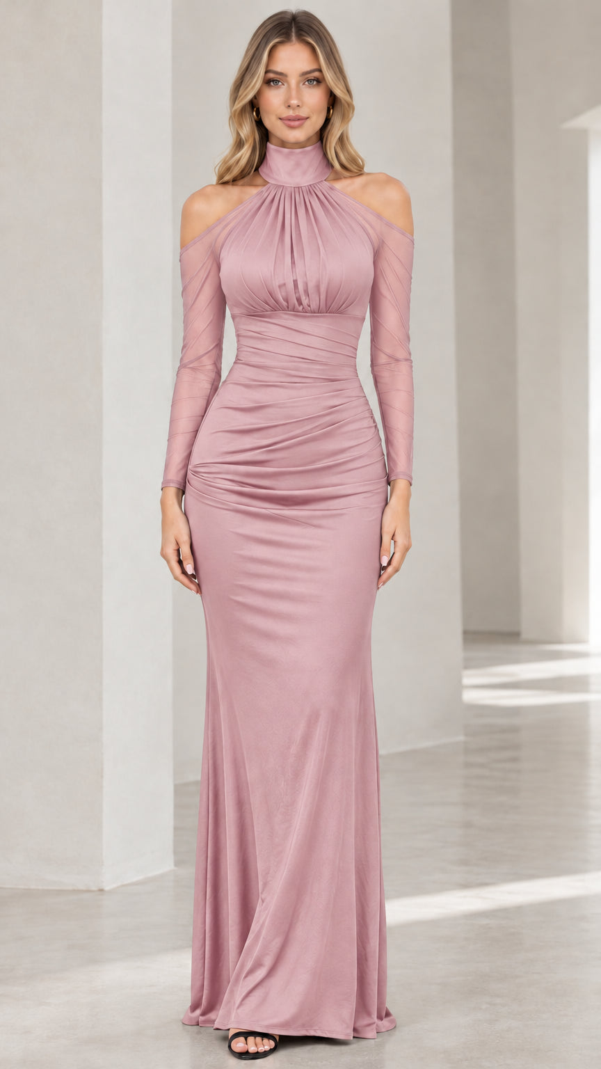 Front view of model wearing dusty rose high neck cold shoulder ruched maxi dress