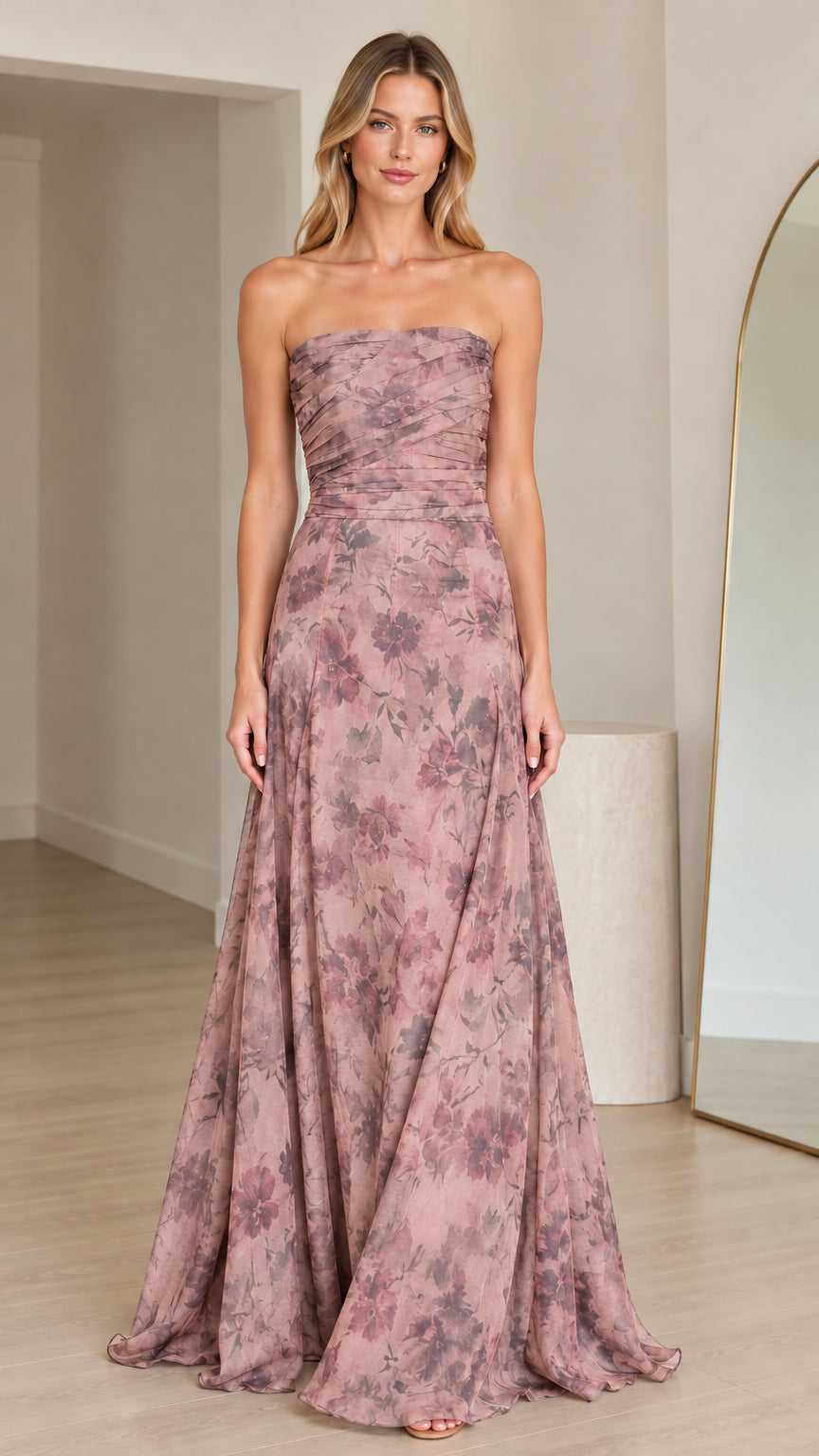 Strapless floral maxi gown in dusty rose pink