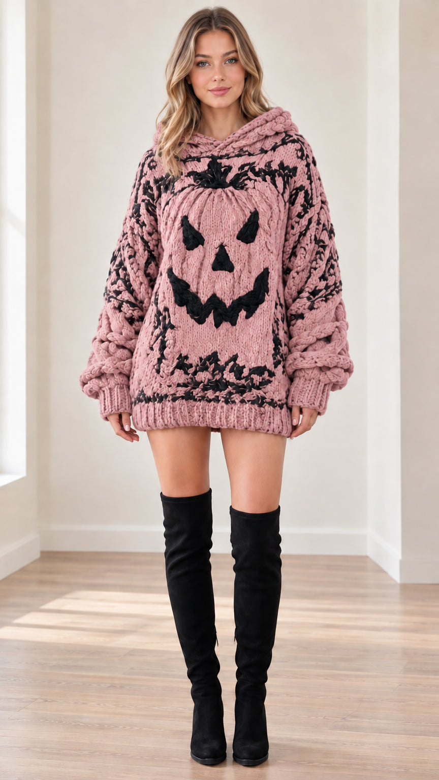 Dusty pink chunky knit hooded sweater dress with black pumpkin face