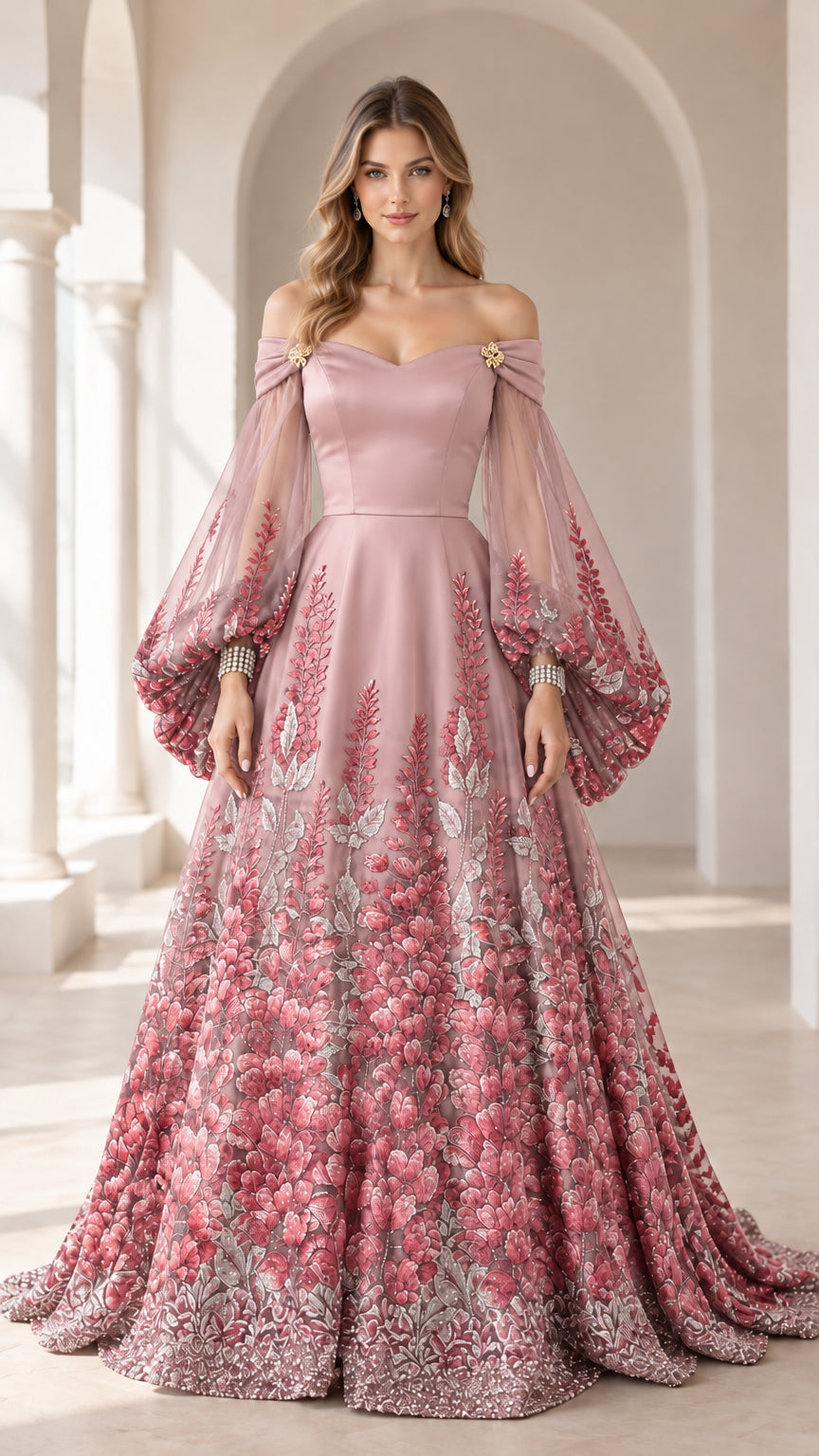 Full-length view of dusty pink off-shoulder evening gown with tonal floral embroidery and sheer sleeves