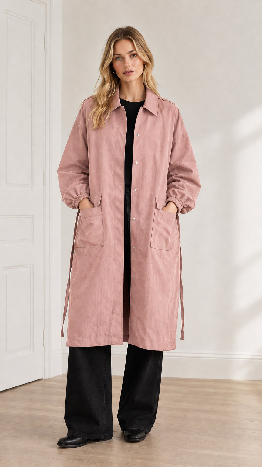 Front view of a model wearing the long duster coat in dusty pink