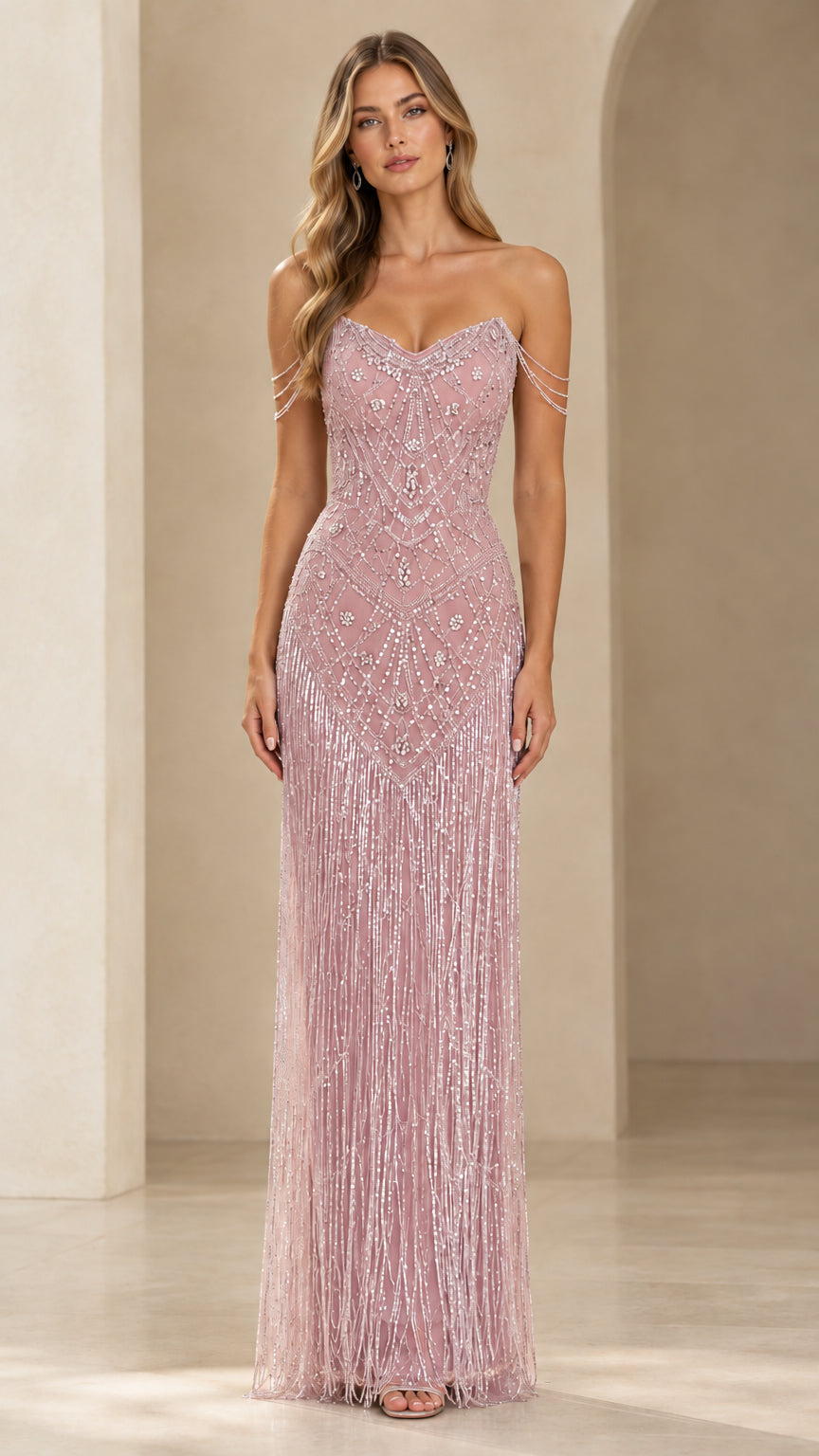 Front view of model wearing a dusty pink beaded fringe maxi formal dress