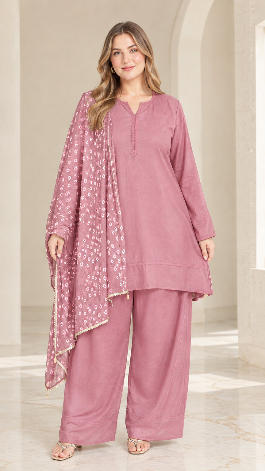 Front view of woman wearing dusty pink 3-piece tunic top, wide-leg pants, and printed scarf set