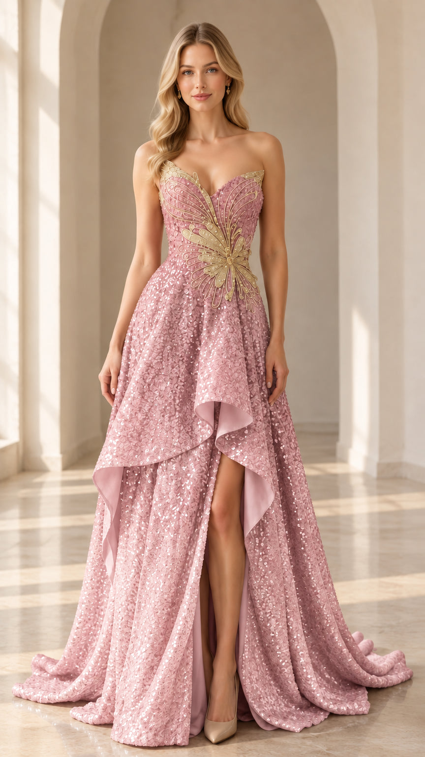 Front view of the strapless blush pink ombre sequin evening gown with gold butterfly embroidery