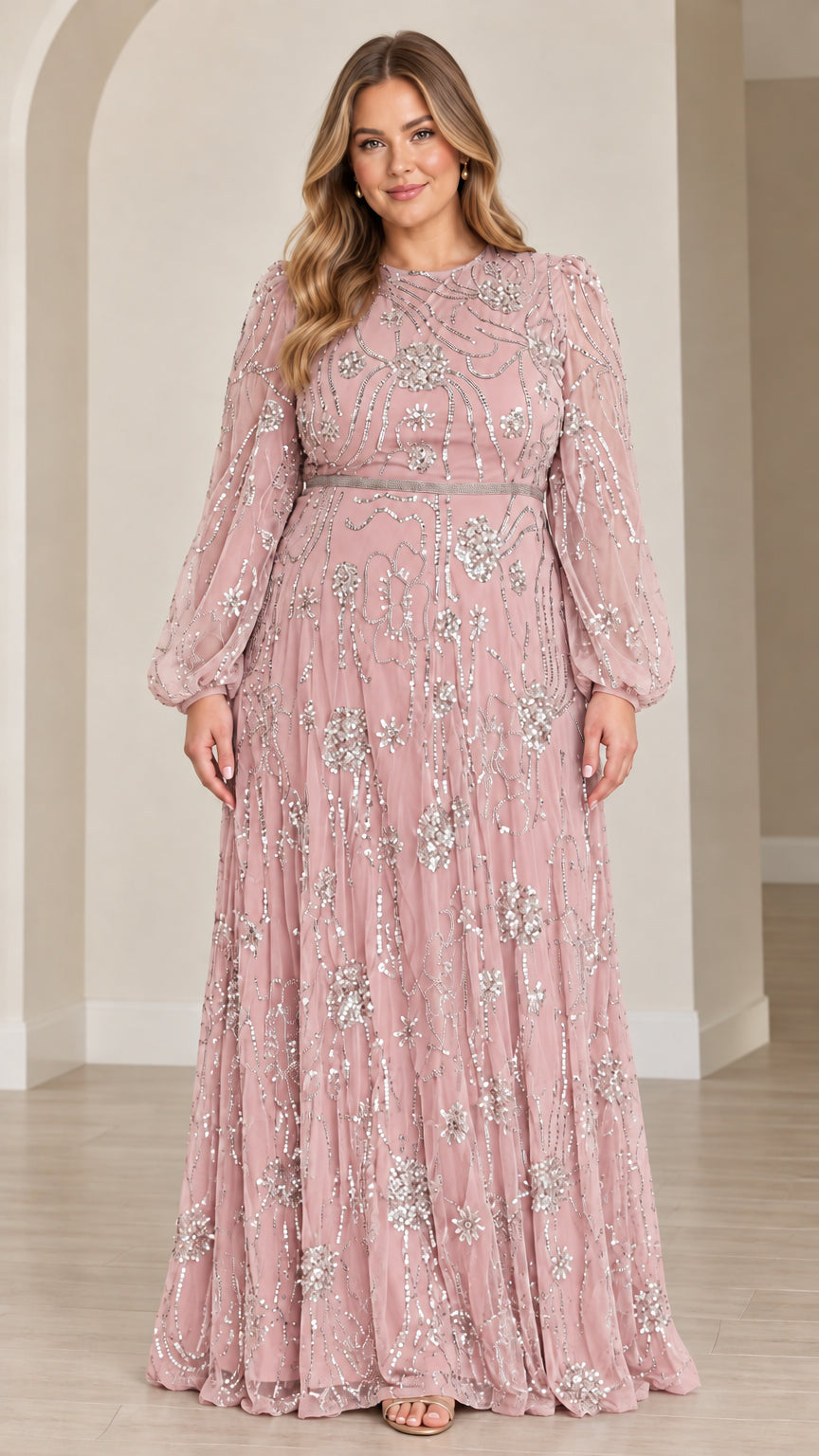 Dusty pink long sleeve floral sequined evening maxi dress front view