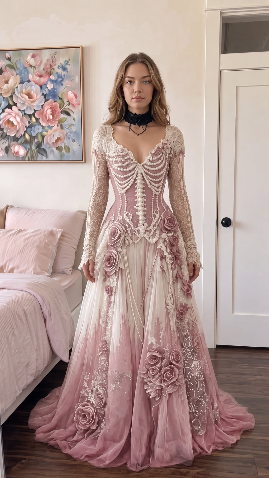 Front view of romantic Gothic ombre gown in dusty pink and cream with beaded corset bodice