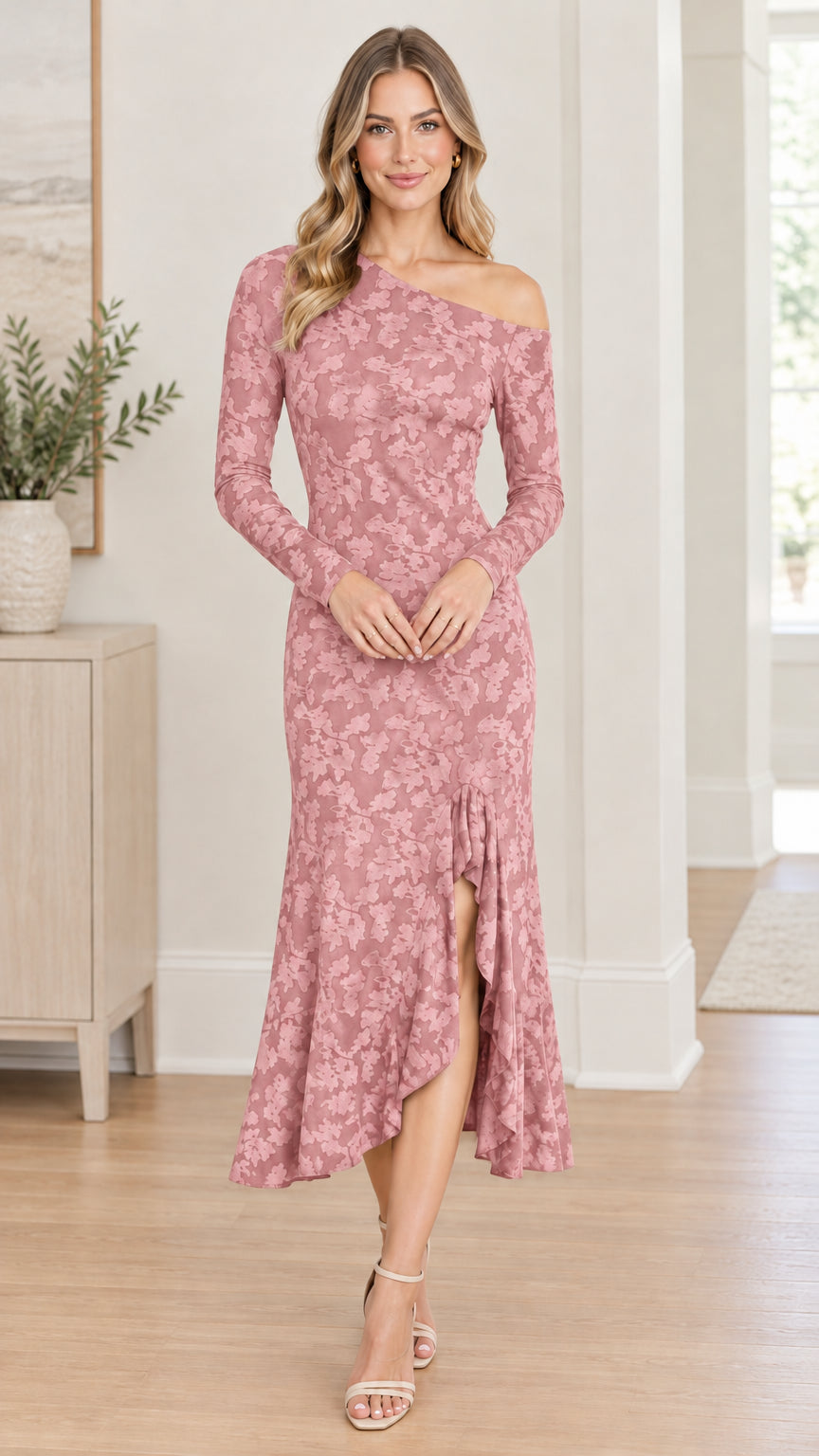 Dusty Pink one-shoulder long sleeve floral jacquard midi dress