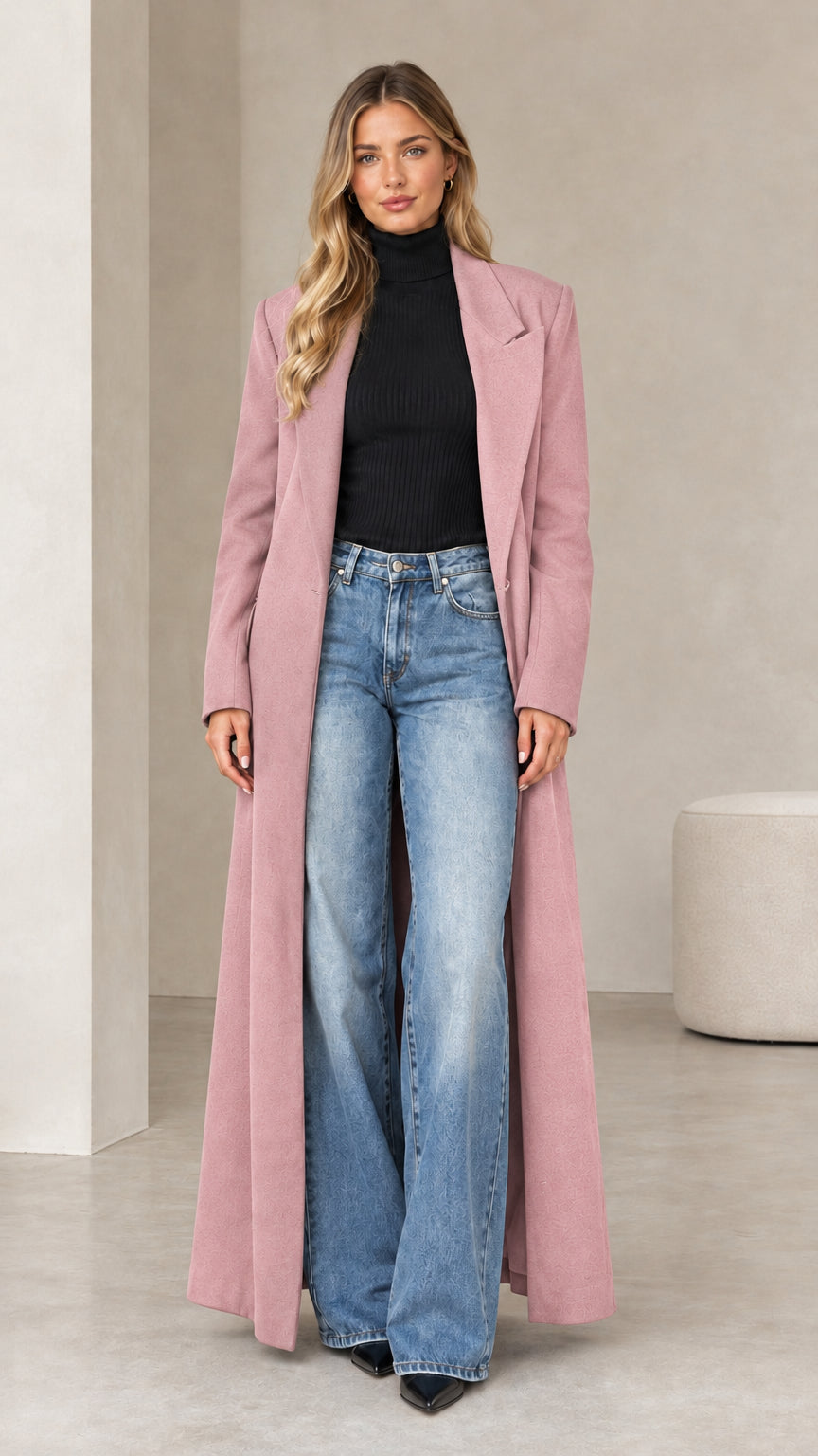 Front view of woman wearing dusty pink floor-length tailored maxi coat