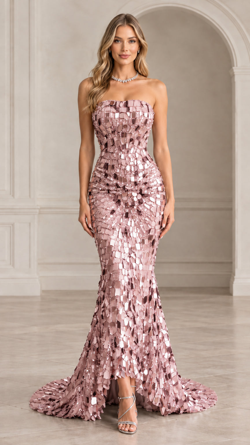 Woman wearing rose pink strapless mirrored sequin mermaid evening gown