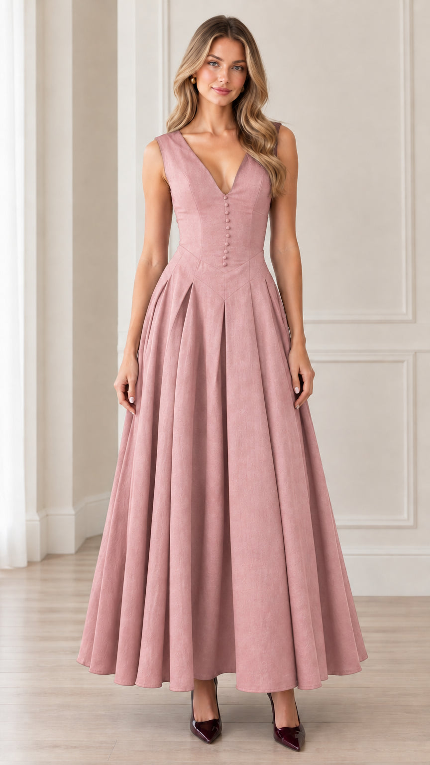 Front view of woman wearing sleeveless dusty pink V-neck button-front pleated maxi dress