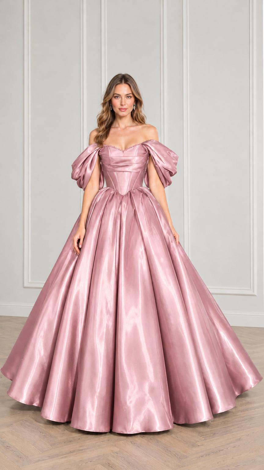 Front view of dusty pink satin off-the-shoulder corset evening gown