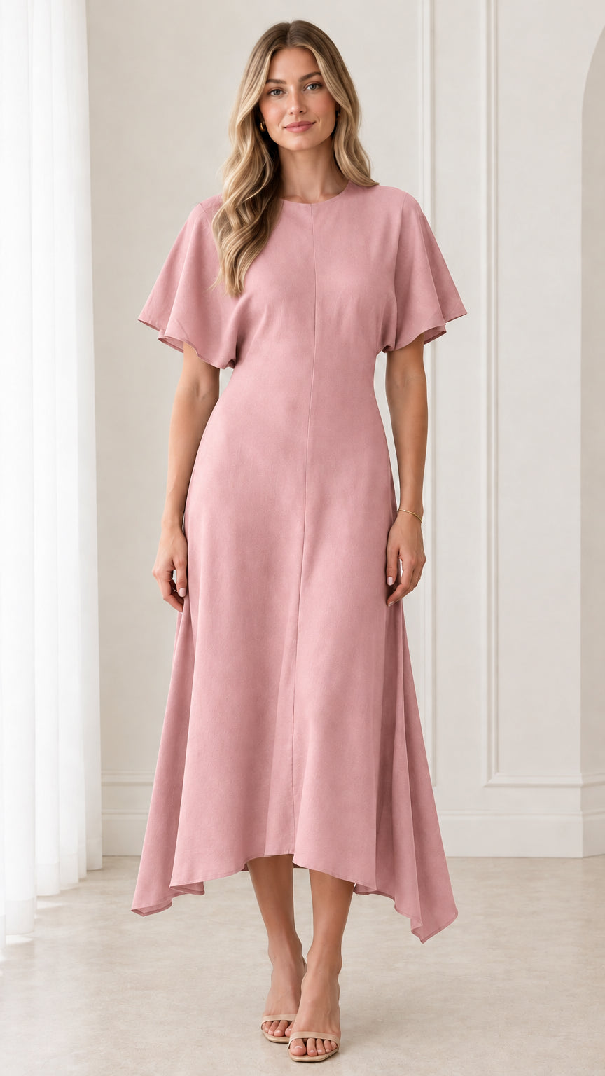 Dusty pink flutter sleeve asymmetrical hem midi dress