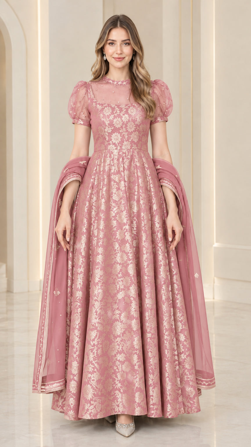 Dusty rose pink floral jacquard formal maxi gown with matching sheer dupatta