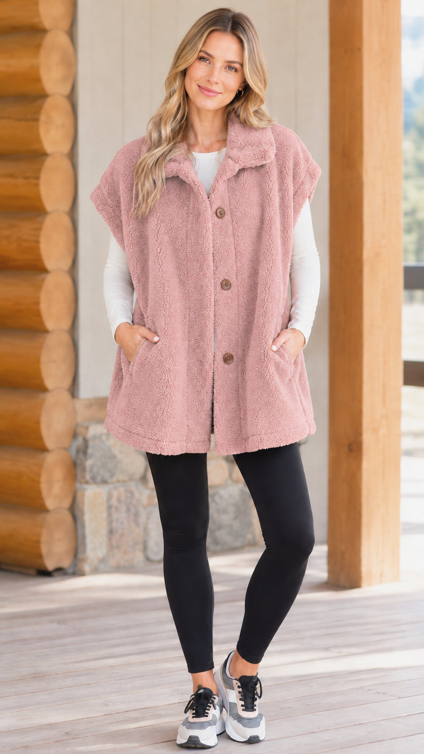 Model wearing dusty pink button-down teddy fleece tunic vest with pockets