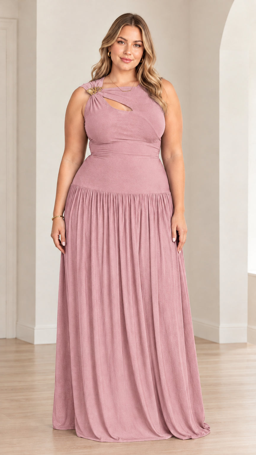 Full-length front view of model wearing dusty pink sleeveless cutout maxi dress