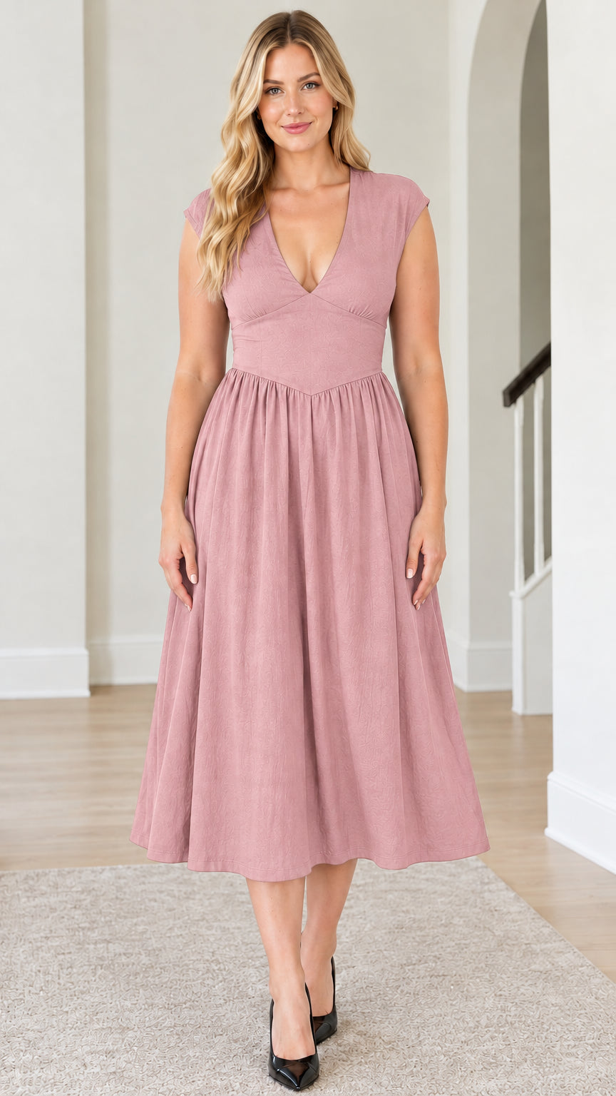 Front view of model wearing Dusty Rose deep V-neck A-line midi dress