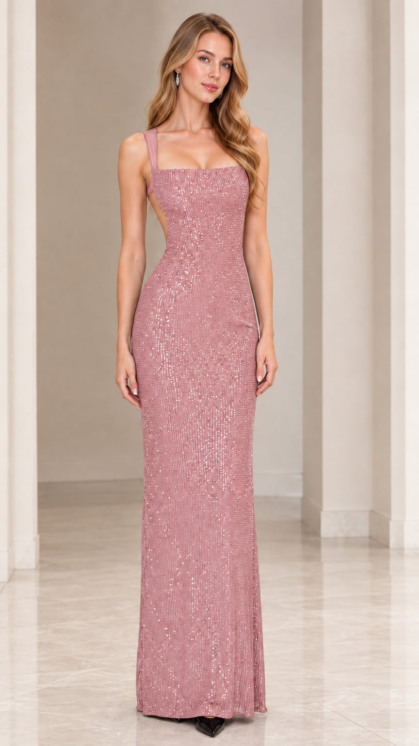 Full front view of model wearing dusty rose sequin floor-length formal gown