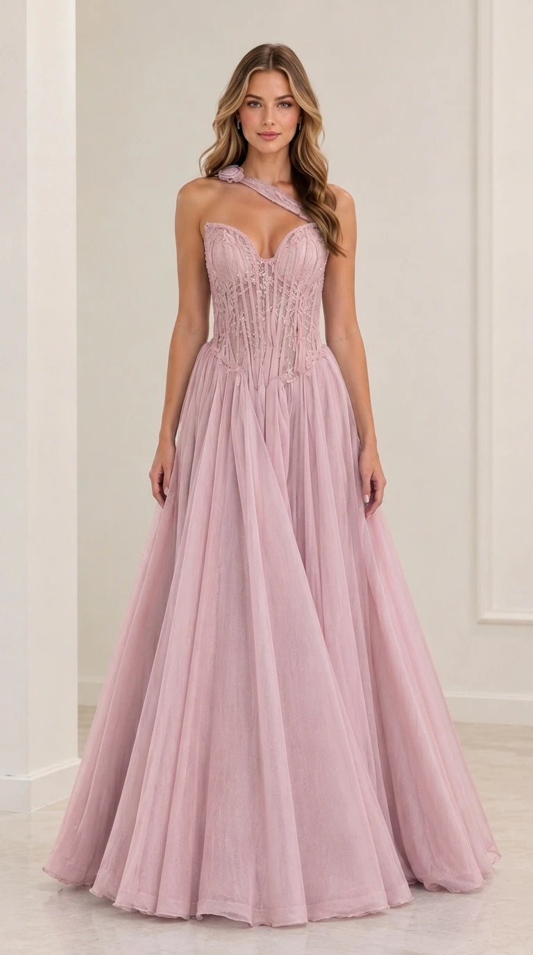Dusty pink one-shoulder embellished tulle evening dress