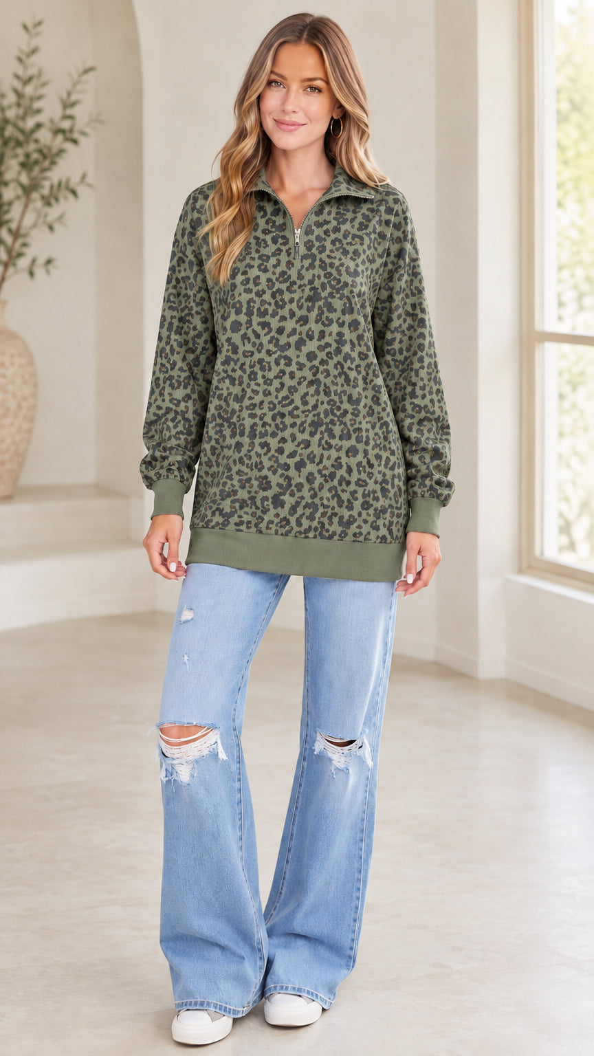 Model wearing olive green leopard print quarter-zip pullover sweatshirt