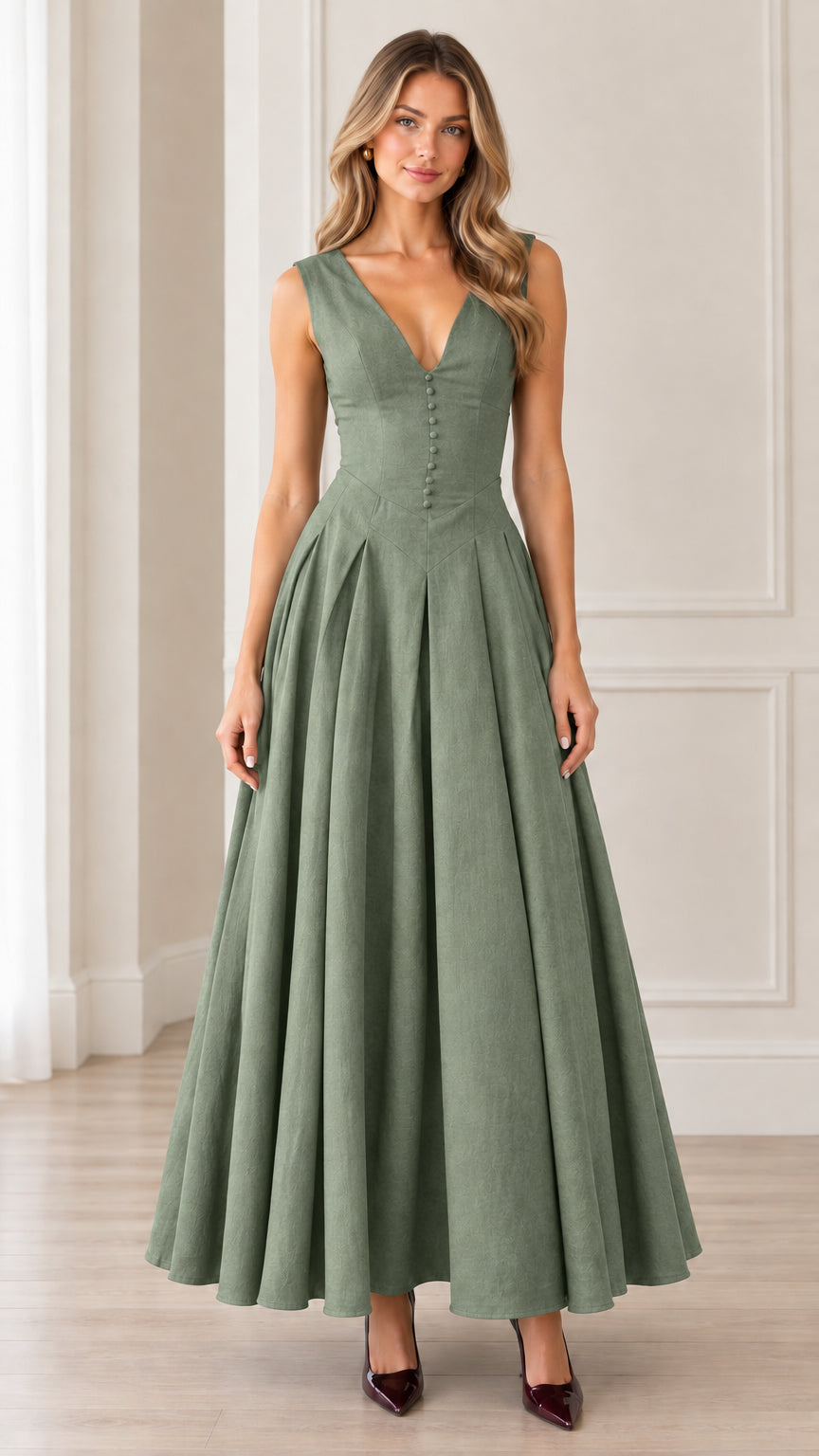 Front view of woman wearing sleeveless sage green V-neck button-front pleated maxi dress