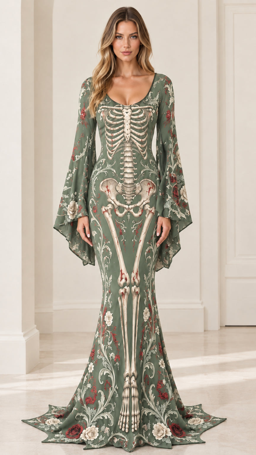 Sage green gothic skeleton floral bell sleeve evening gown
